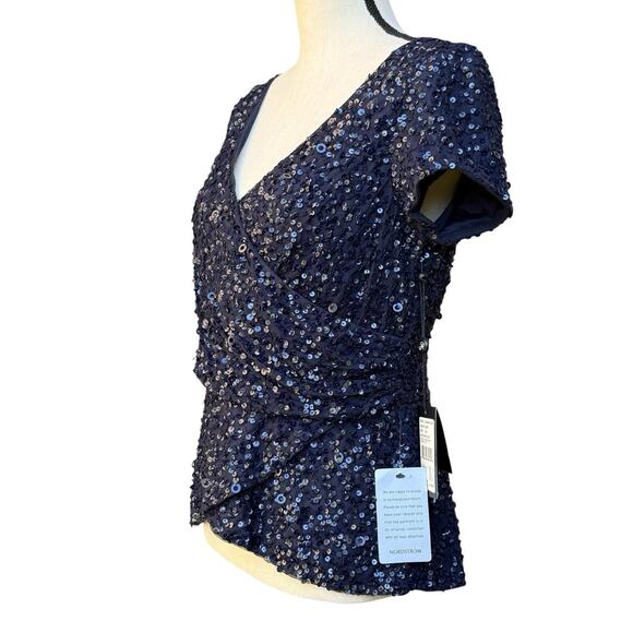 NWT Adrianna Papell Womens Sequin Bead Top Cap Sleeve Wrap Front Formal Navy 10 - Picture 3 of 13